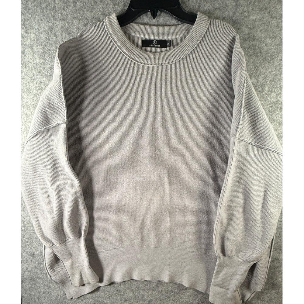 LILLUSORY Ribbed Knit Sweater Small Gray Crew Neck Drop Shoulder Exposed Seams